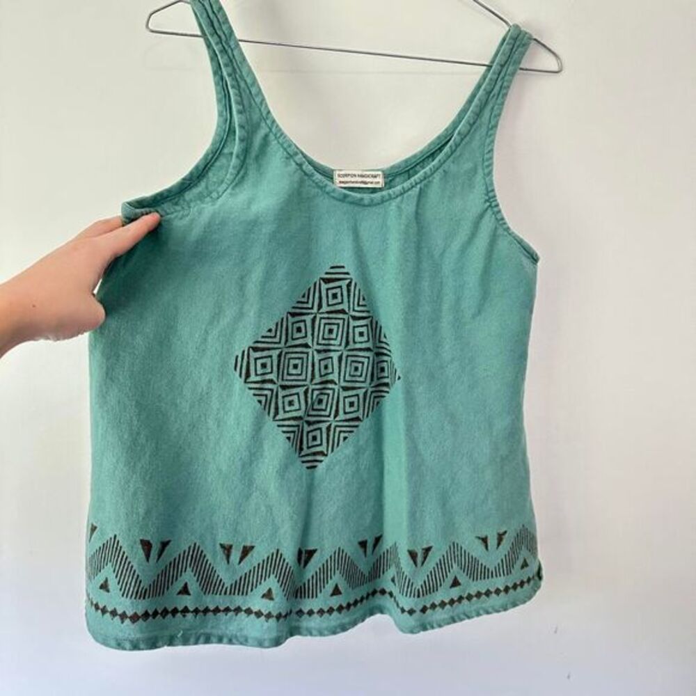 Scorpion Handicraft Teal Organic Cotton Hand Block Print Flowy Tank Top - Picture 2 of 7